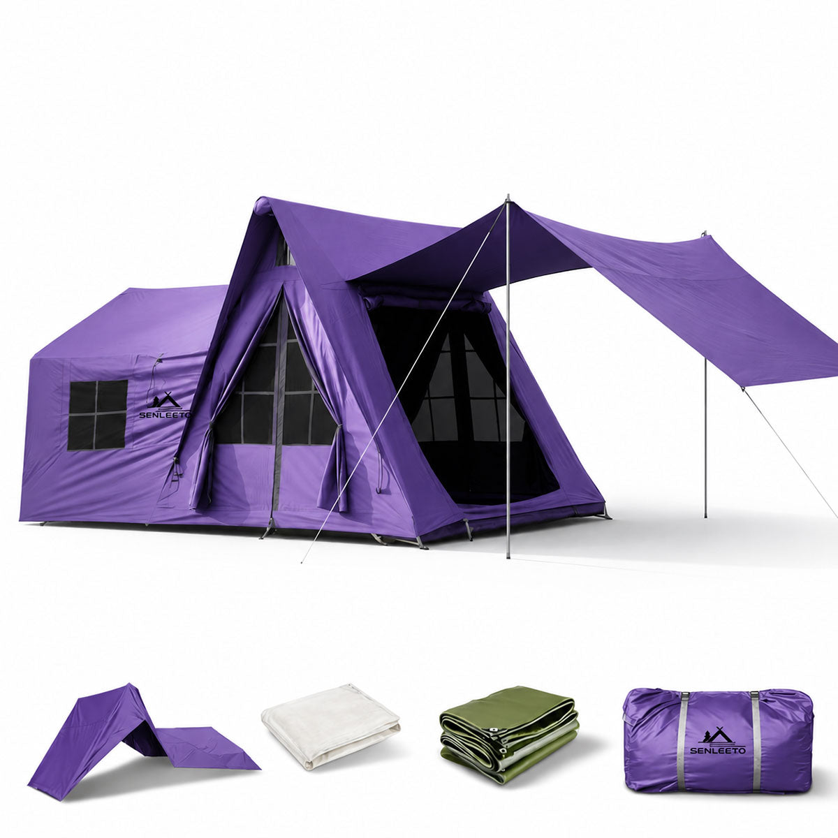 Purple glamping tent with extended awning, ground tarp, storage bag, and included camping accessories