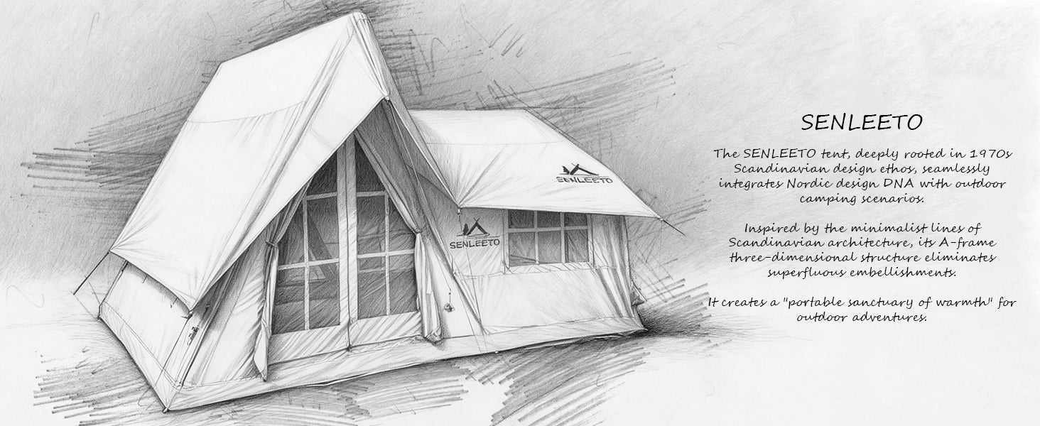 Senleeto brand story sketch of an A-frame inflatable tent, highlighting Scandinavian design and minimalist lines.