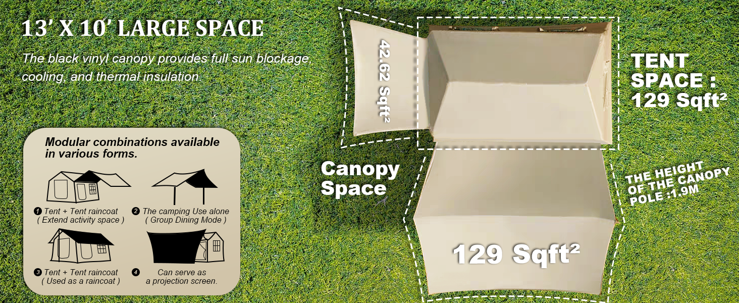 Modular combinations of the Senleeto tent and canopy, providing a massive 129 sq ft of cooling shade and living space.