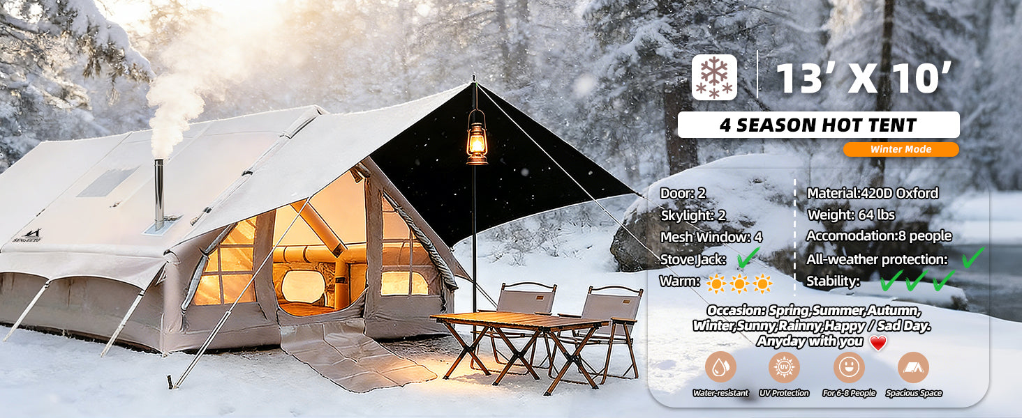 Senleeto 13x10 inflatable hot tent set up in a snowy winter forest, featuring a stove pipe with smoke.