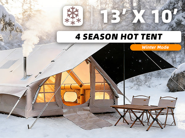 Senleeto 13x10 inflatable hot tent set up in a snowy winter forest, featuring a stove pipe with smoke.