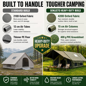 Senleeto heavy-duty inflatable lodge tent build with 420D Oxford fabric, 15 cm air columns, and reinforced PVC groundsheet