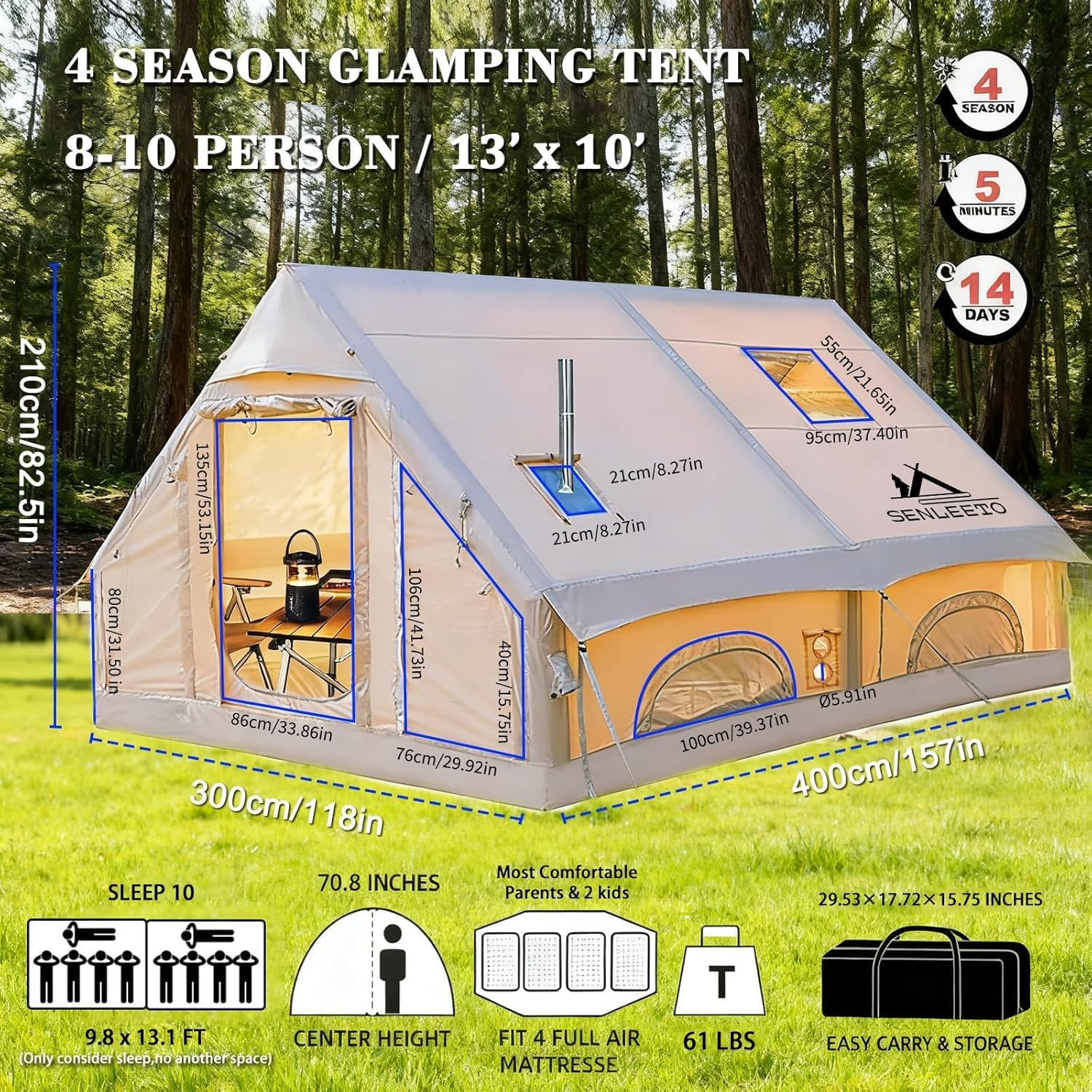 Senleeto 13x10ft inflatable cabin tent dimensions: 82.5in tall. Spacious 4-season air tent easily fits 8-10 people.