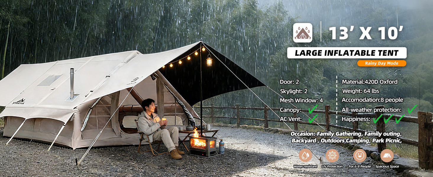 Senleeto 13x10 large inflatable tent during a rainy day, showing a camper staying dry under the front canopy with a fire pit