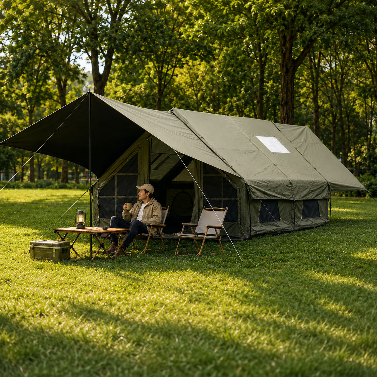 Senleeto olive green 13x10 inflatable lodge tent with dual extension canopy set up in awning mode for shaded camping
