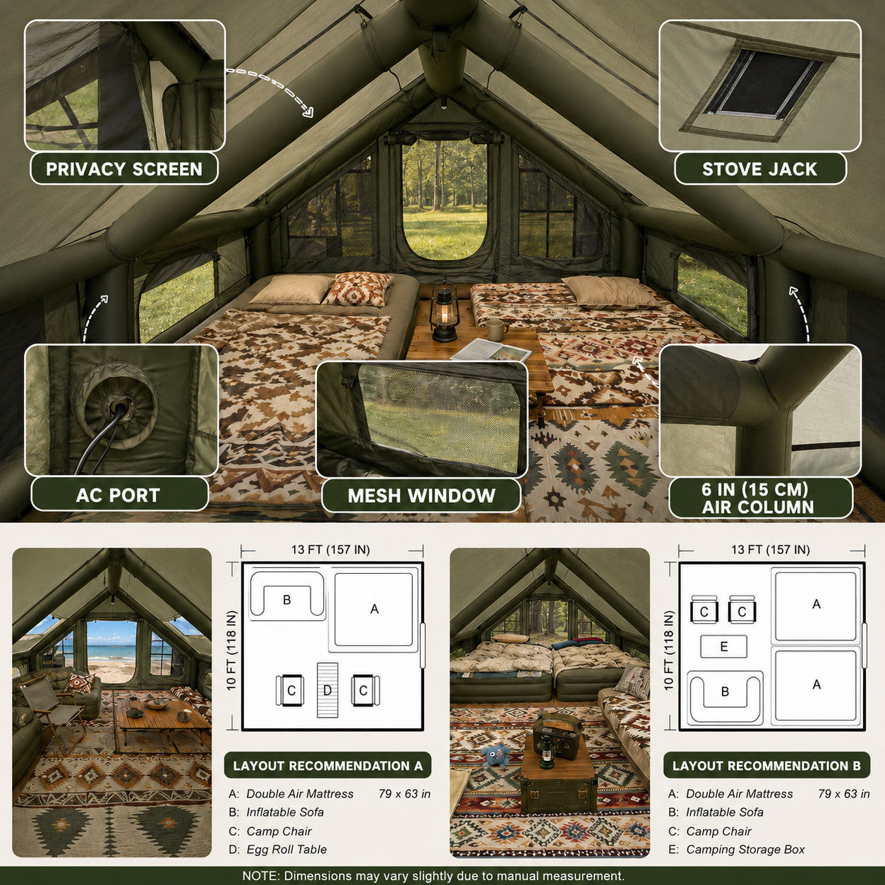 Interior layout ideas for a 13x10 Senleeto inflatable lodge tent with air mattresses, seating, AC port, stove jack, and mesh screens