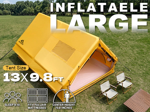 Spacious 13x9.8 Senleeto inflatable tent. Fits 8-10 people or 4 full air mattresses. 70.8" center height.