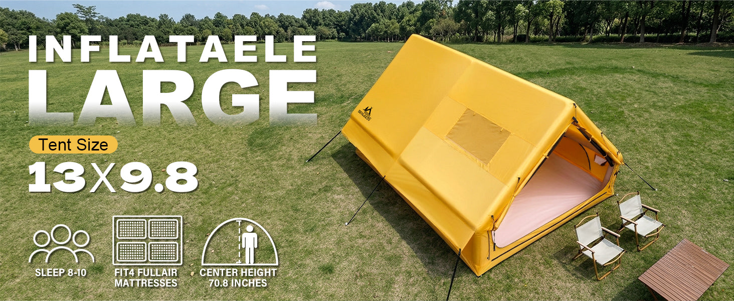 Senleeto 13x9.8 large inflatable tent. Sleeps 8-10 people, fits 4 full air mattresses. 70.8-inch tall.