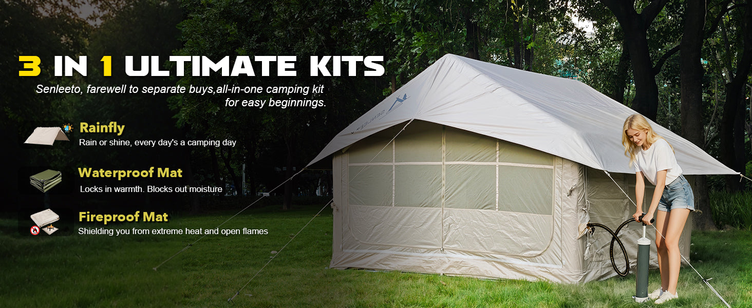 Senleeto 3-in-1 tent bundle: all-in-one kit with rainfly, waterproof mat, and fireproof stove mat. Farewell to separate buys.
