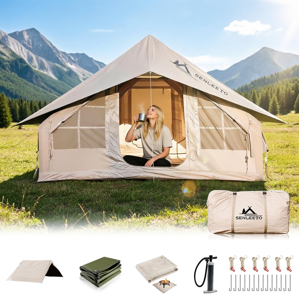 SENLEETOインフレータブルテント ポータブル自動エアーポンプ（充電式）付き 2-4 Person Compact Inflatable Tent with Stove Jack – Lightweight