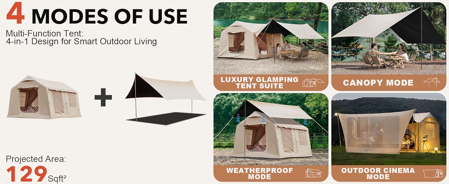 Senleeto multi-function tent with 4 modes: luxury glamping, canopy, weatherproof, and outdoor cinema (129 Sqft).