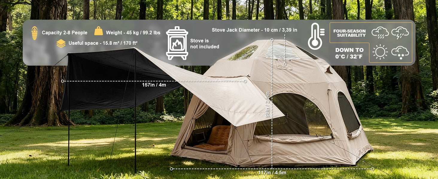 Senleeto 4-season dome tent specs: 2-8 people, 170 sq ft area, 10cm stove jack, 4.5m x 2.5m size, and 157in large awning.