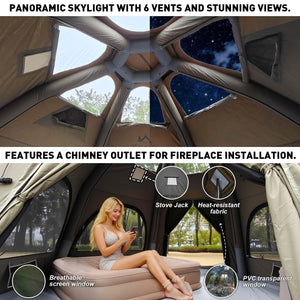 Senleeto dome tent features: panoramic skylights for stunning views and a fire-resistant stove jack for heating.