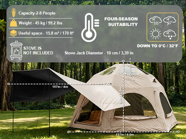 Size, capacity, and 4-season specs for the Senleeto dome tent.