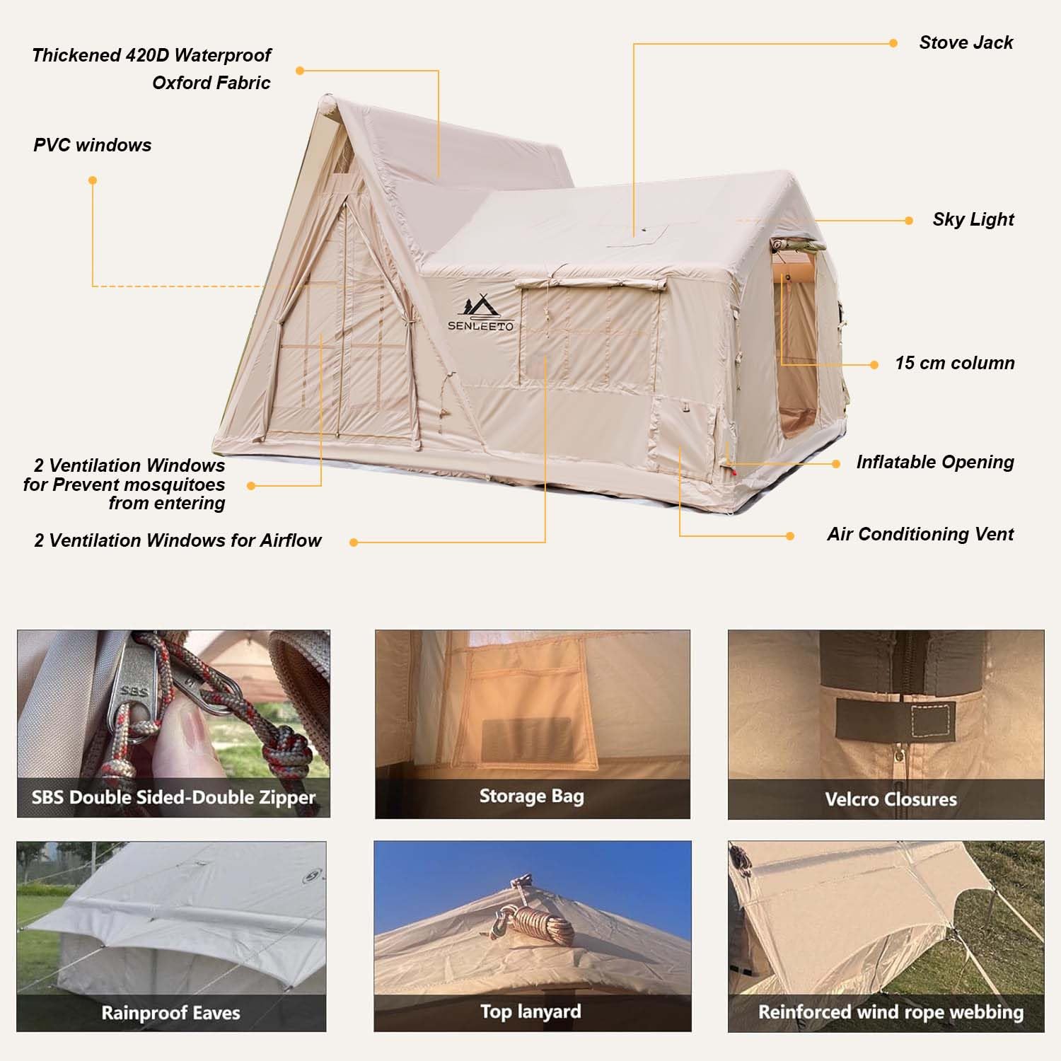 Senleeto inflatable tent exterior: 420D waterproof Oxford fabric, vent windows, and stove jack for winter.