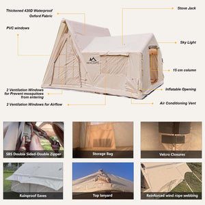 Senleeto inflatable tent exterior: 420D waterproof Oxford fabric, vent windows, and stove jack for winter.
