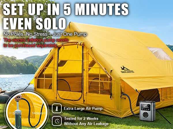 Quick 5-minute setup Senleeto blow up tent. Stress-free solo inflation camping tent with no poles needed.