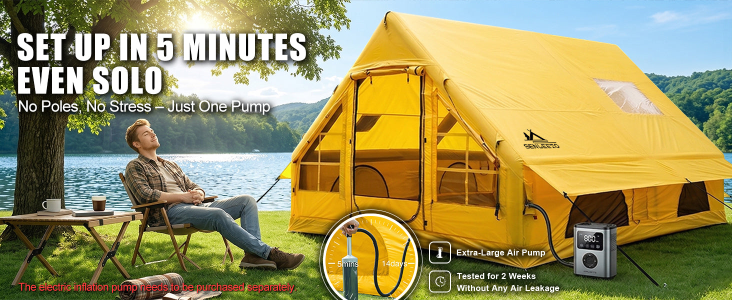 Man relaxing by a Senleeto inflatable tent. Features a quick 5-minute easy solo setup with no poles required.