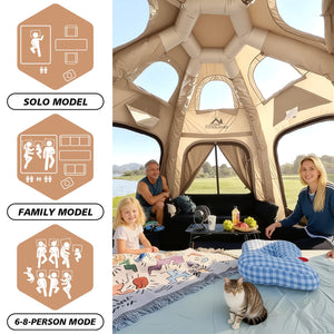 Senleeto dome tent interior layouts: comfortable solo, family, and 6-8 person sleeping modes with spacious living area.