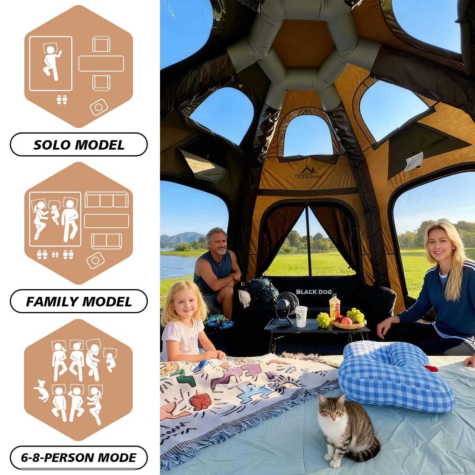 Senleeto TC cotton dome tent interior capacity fits solo campers, families, or groups of 6-8 people comfortably.