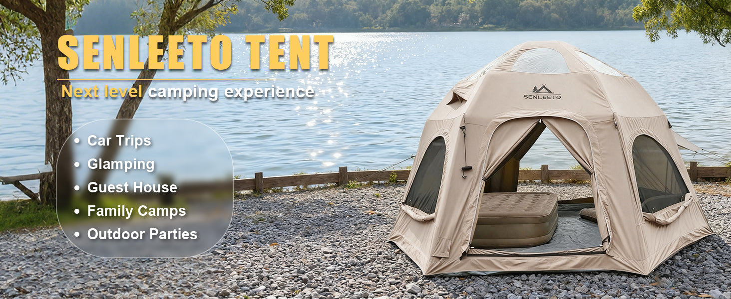 Senleeto 8-person inflatable dome tent for glamping, family trips, and guest house use, offering a next-level experience.