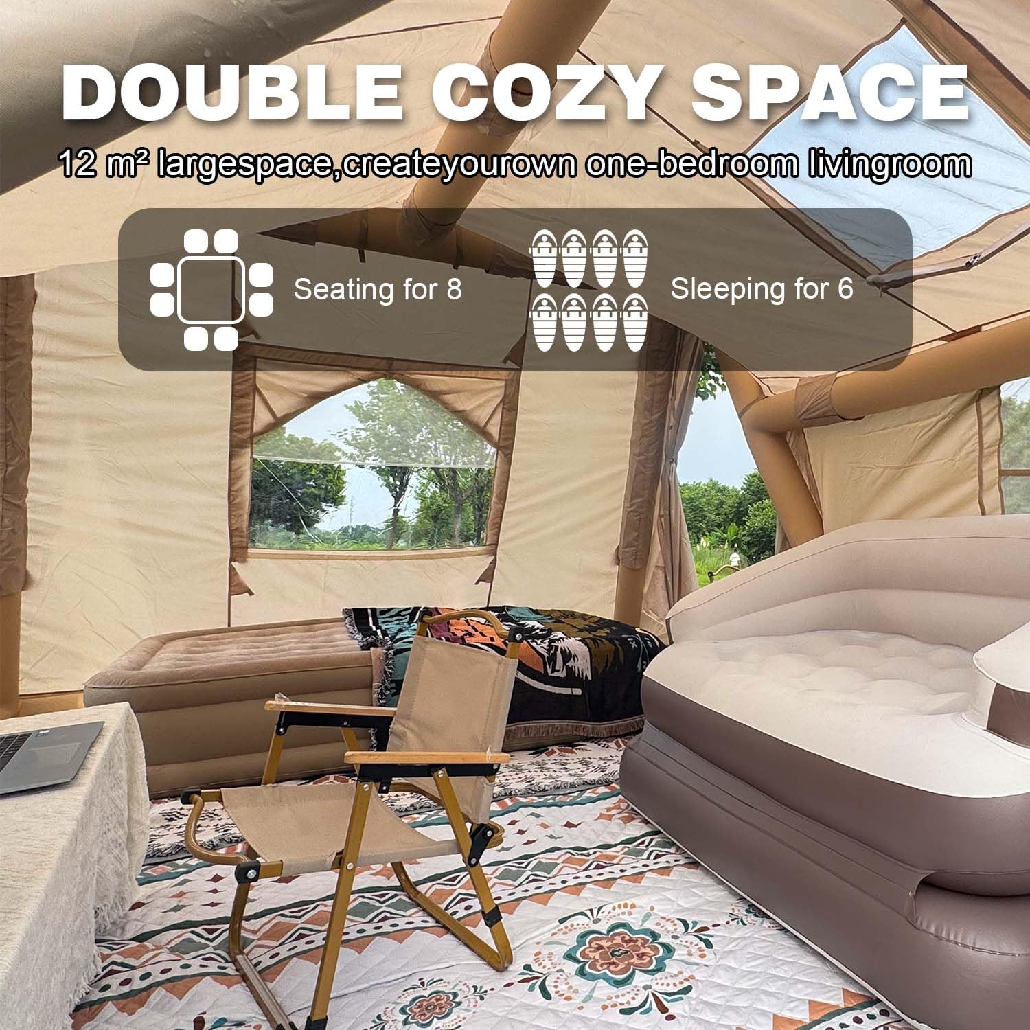 Spacious 12-sqm interior of the Senleeto inflatable tent. Comfortably fits seating for 8 or sleeps 6 people.
