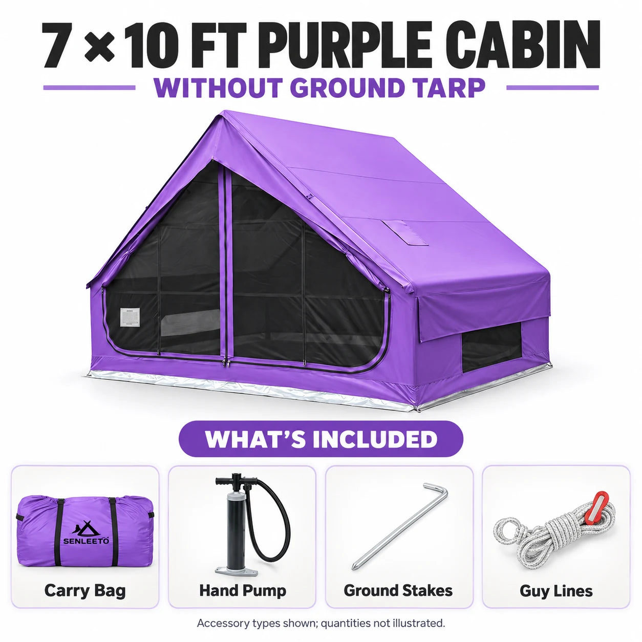 Senleeto 7x10 purple cabin tent kit with a carry bag, hand pump, stakes and guy lines, without a separate ground tarp.