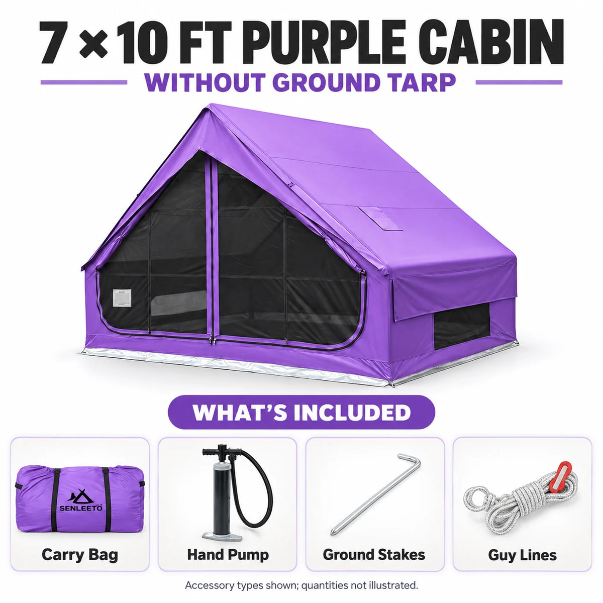 Senleeto 7x10 purple cabin tent kit with a carry bag, hand pump, stakes and guy lines, without a separate ground tarp.