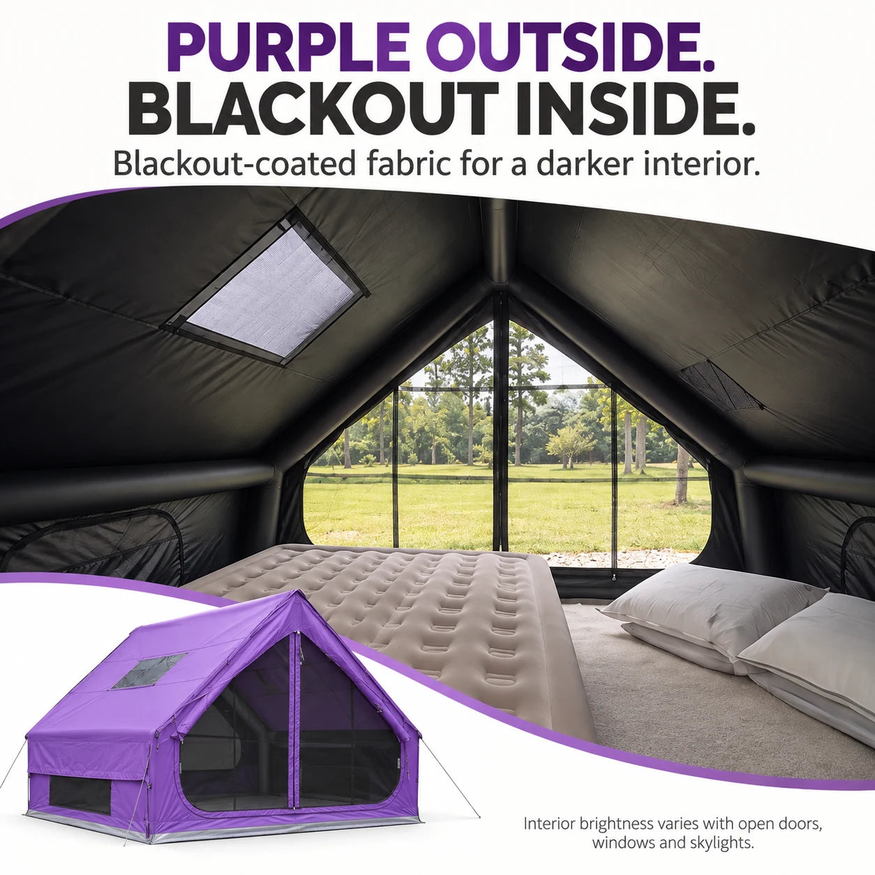Purple cabin tent exterior and interior showing the black inner coating, skylight and mesh entrance.