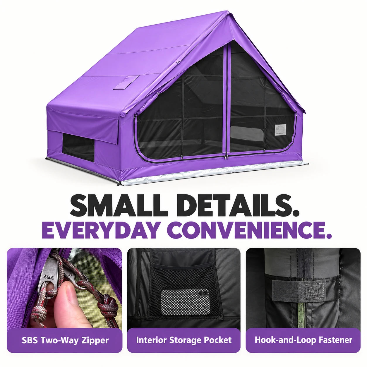Purple cabin tent with close-ups of an SBS zipper, interior storage pocket and hook-and-loop fastener.