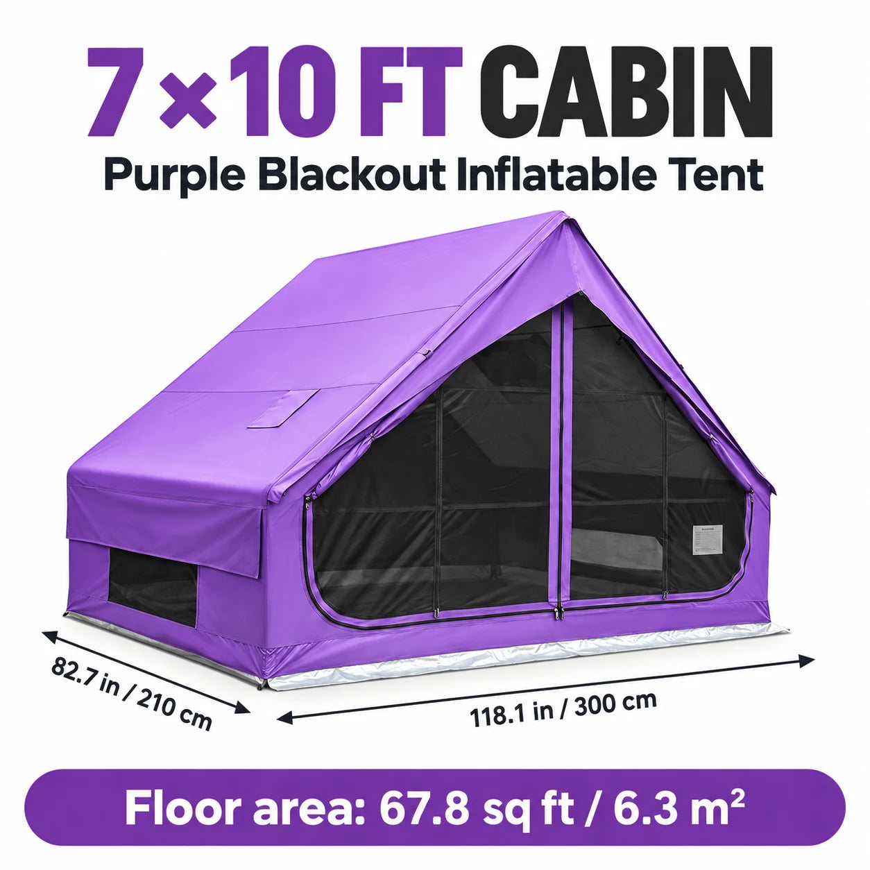 Senleeto purple cabin tent with a 300 by 210 cm footprint and 6.3 square meter floor area.