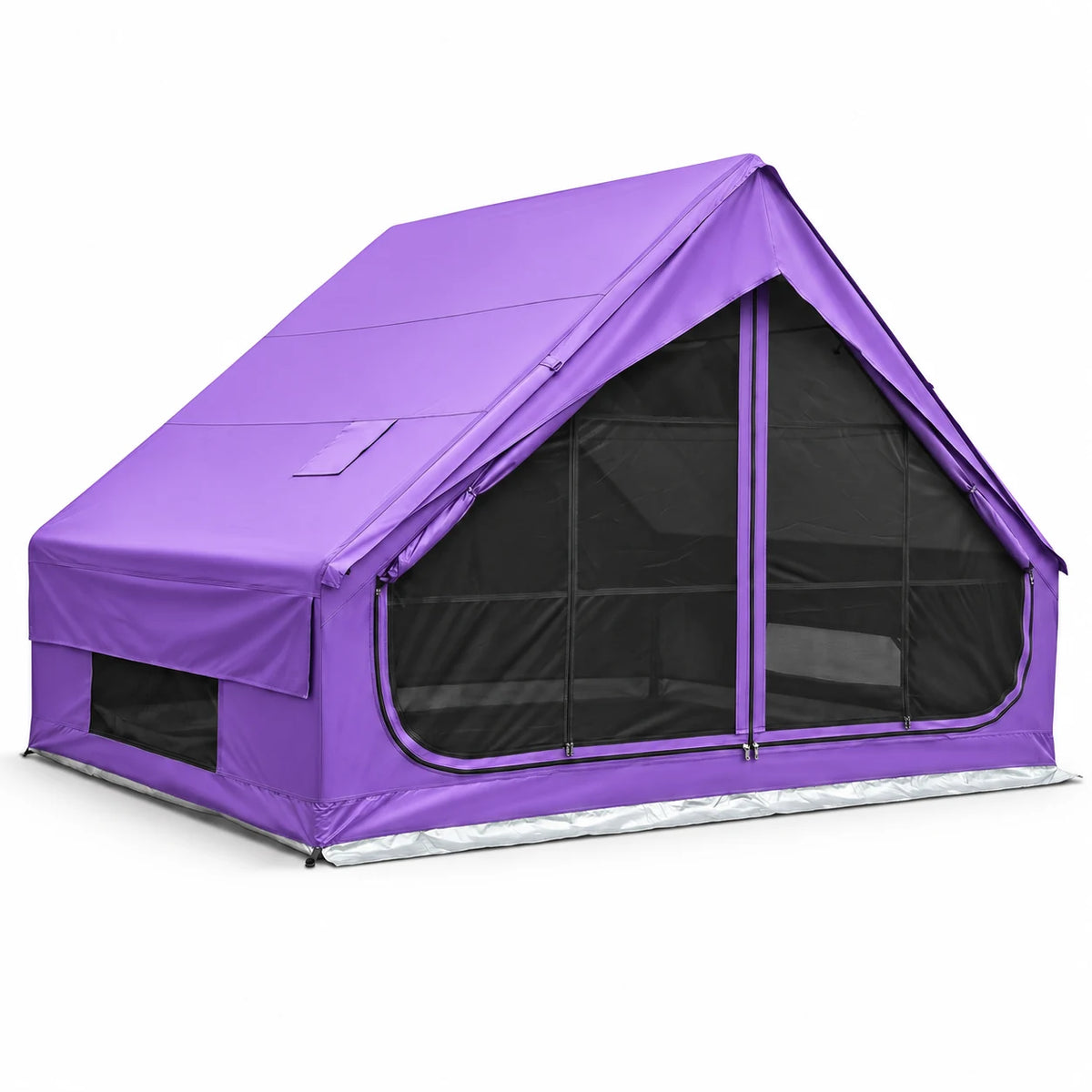 Purple Senleeto 7x10 blackout inflatable cabin tent with a mesh entrance and low side windows.