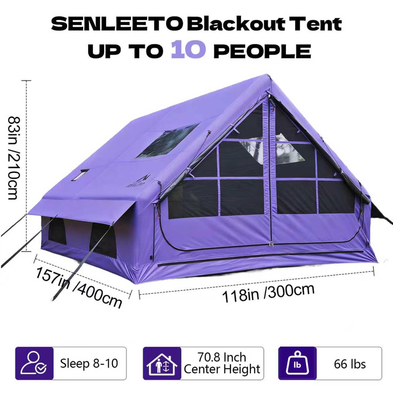 Blackout Inflatable Camping Tent 8-10 Person with Stove Jack - 420D Oxford 4 Season Family Cabin Tent, AC Port, Purple