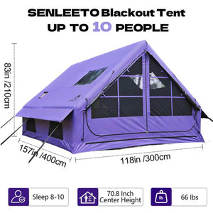 Dimensions of the Senleeto 8-10 person blackout tent: 157 inches long, 118 inches wide, and 83 inches high.
