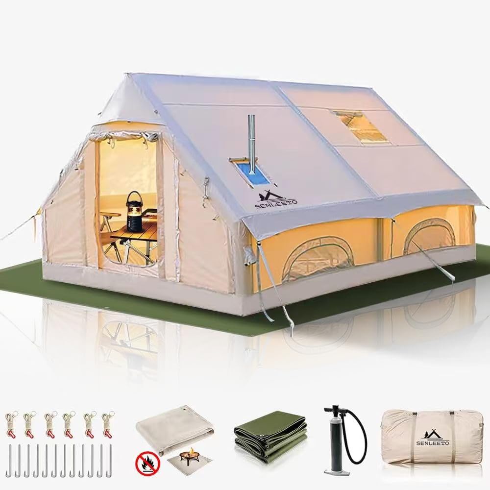 SENLEETO beige inflatable glamping tent with stove jack, skylight, side windows, and included accessories