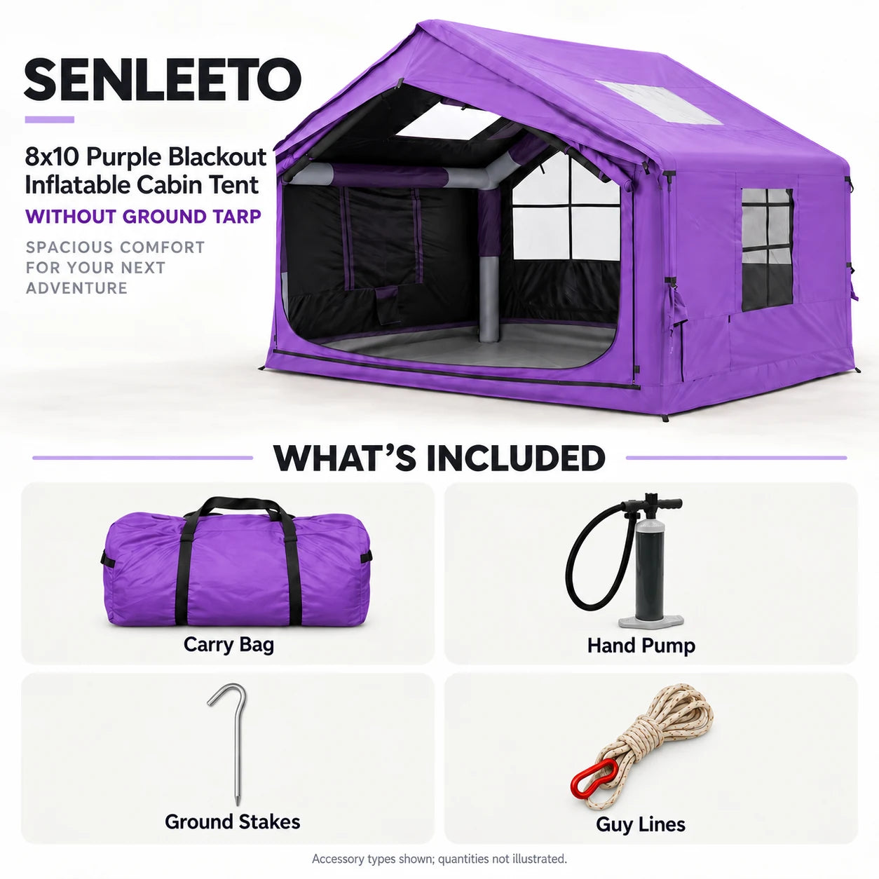 Senleeto 8x10 purple cabin tent kit with carry bag, hand pump, stakes and guy lines, without a separate ground tarp.