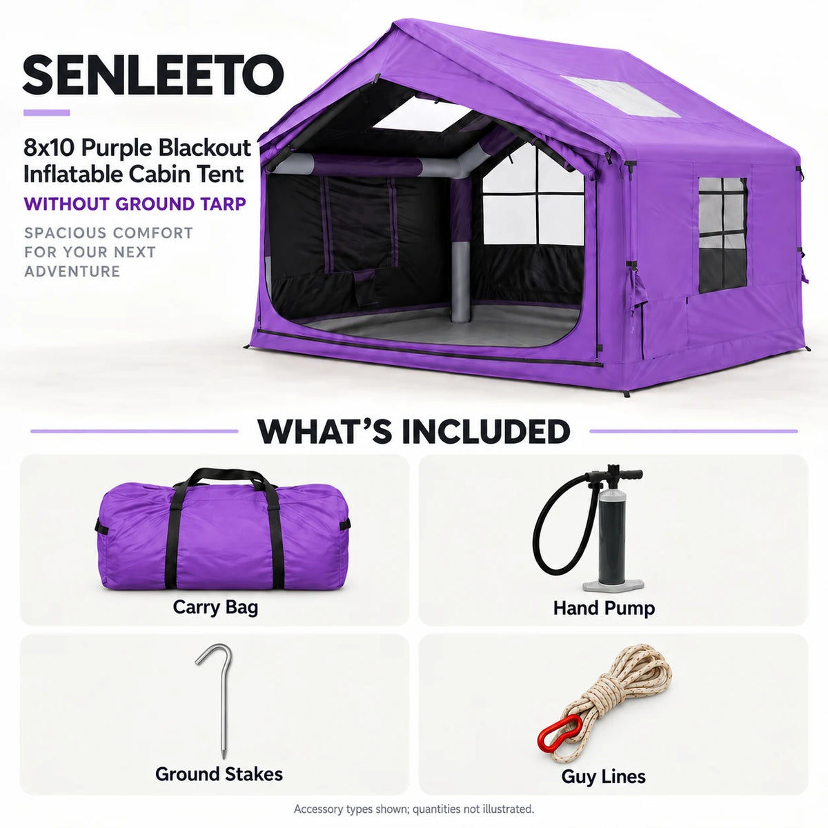 Senleeto 8x10 purple cabin tent kit with carry bag, hand pump, stakes and guy lines, without a separate ground tarp.