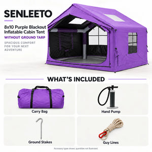 Senleeto 8x10 purple cabin tent kit with carry bag, hand pump, stakes and guy lines, without a separate ground tarp.