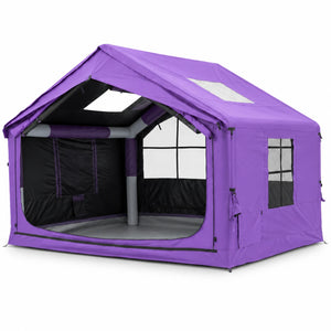 Senleeto 8x10 purple blackout inflatable cabin tent with an open entrance and black interior lining.