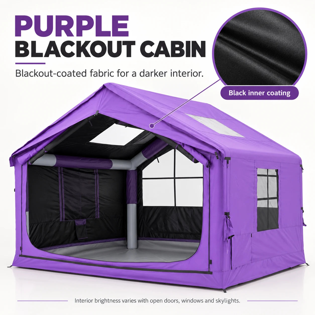 Purple inflatable cabin tent showing its black interior lining and a close-up illustration of the blackout coating.