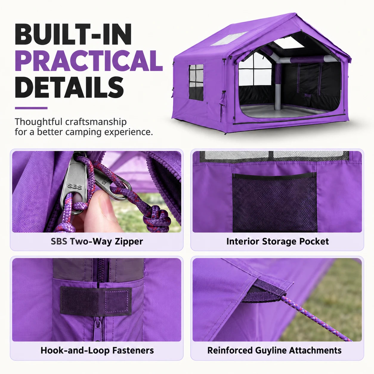 Purple cabin tent details showing an SBS zipper, interior storage pocket, fastening straps and guyline attachment.