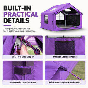 Purple cabin tent details showing an SBS zipper, interior storage pocket, fastening straps and guyline attachment.