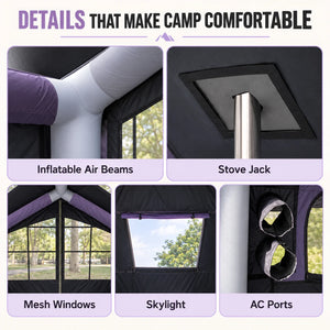 Close-up views of inflatable air beams, a stove jack, mesh windows, a skylight and AC ports.