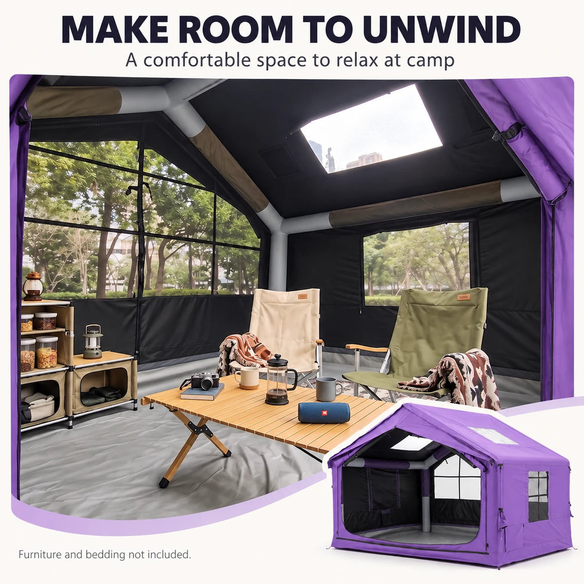 Cabin tent interior with two camping chairs, a table, mesh windows and an overhead skylight.