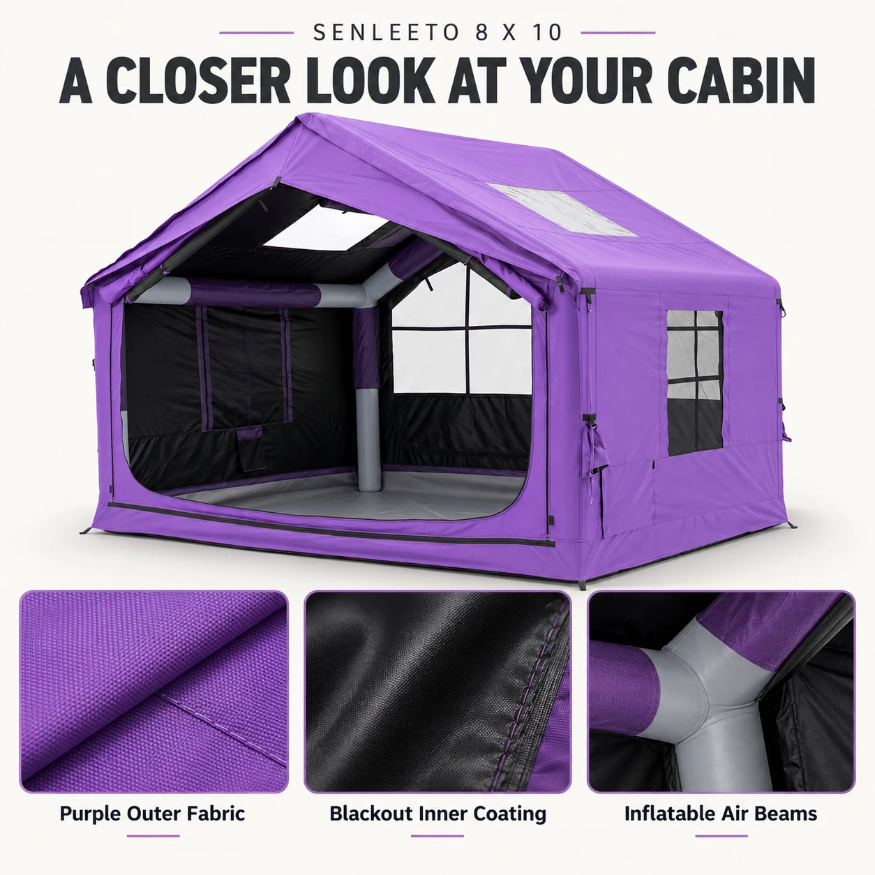 Purple cabin tent with detail illustrations of the outer fabric, black inner coating and inflatable air beams.