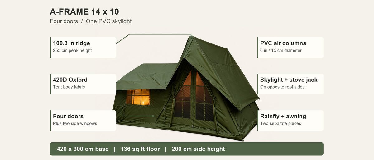 Green A-Frame tent diagram showing the ridge height, fabric, doors and roof features.
