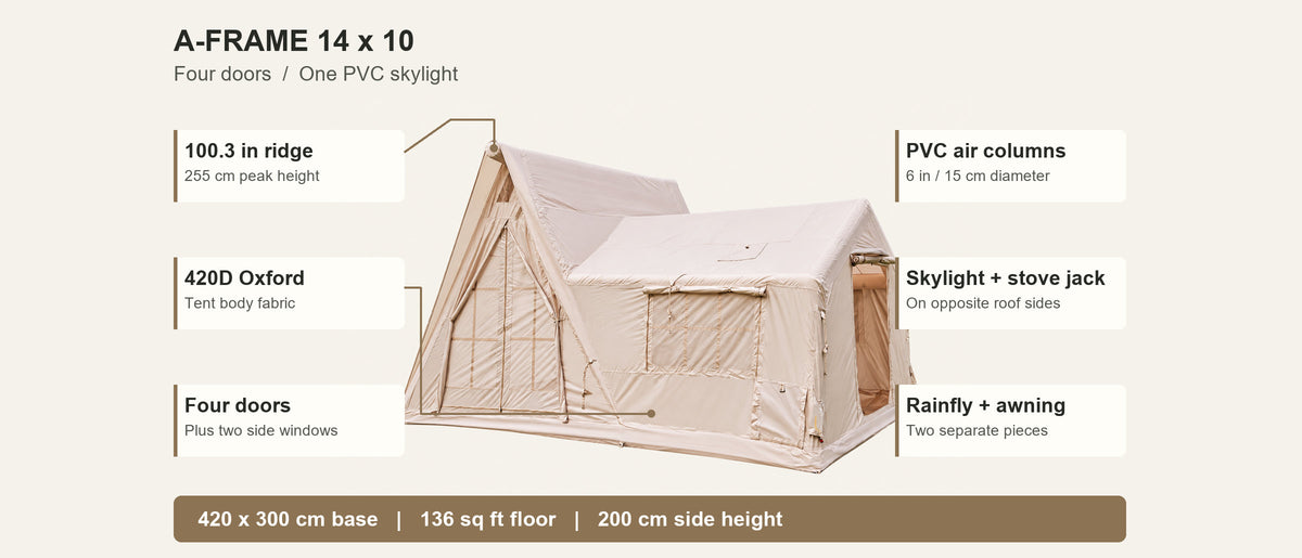 Khaki A-Frame tent diagram showing the ridge height, fabric, doors and roof features.