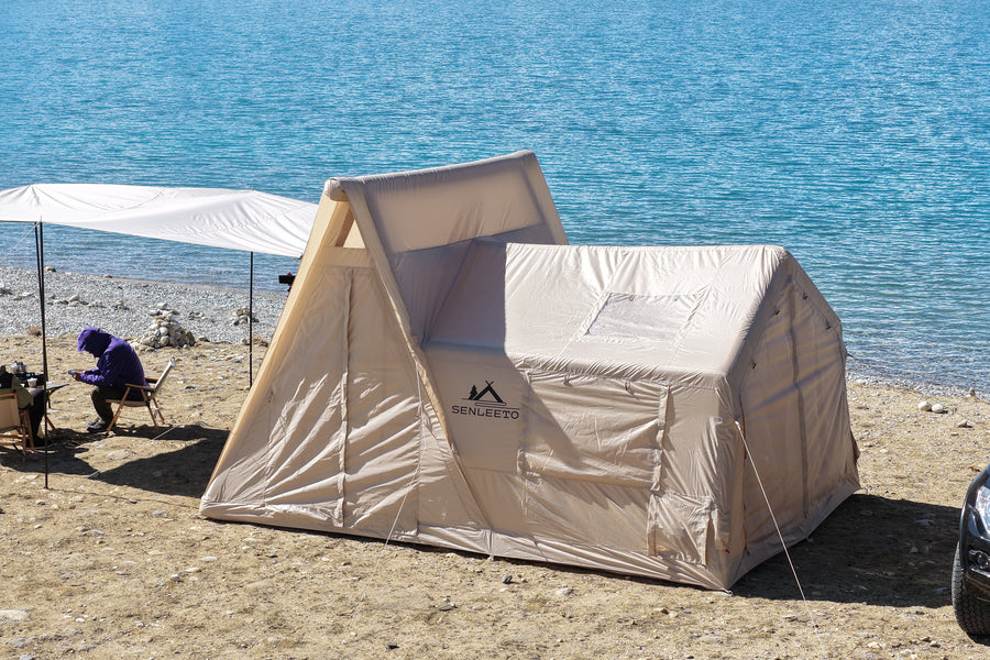 Khaki A-Frame camping photo: front and side view.