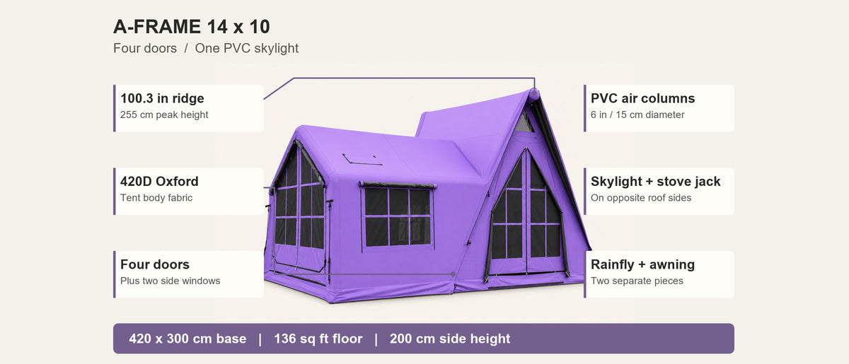 Purple A-Frame tent diagram showing the ridge height, fabric, doors and roof features.