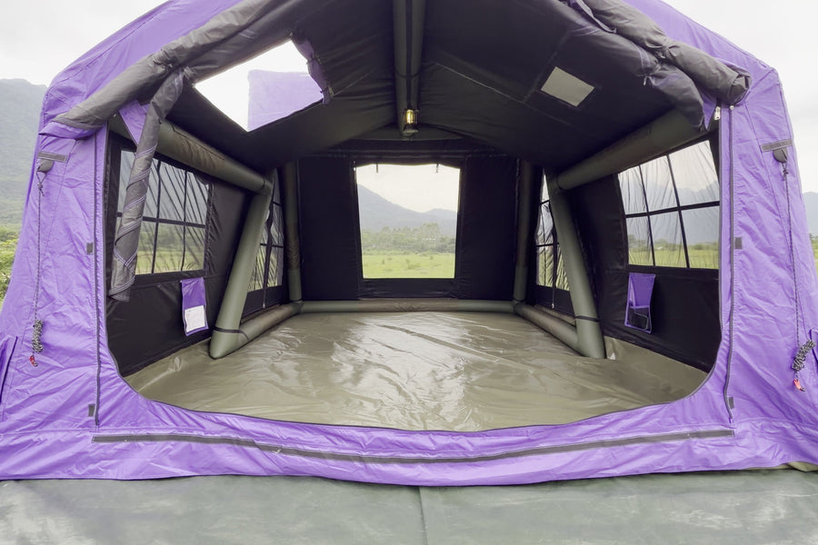 Purple A-Frame campsite photo: open entrance.